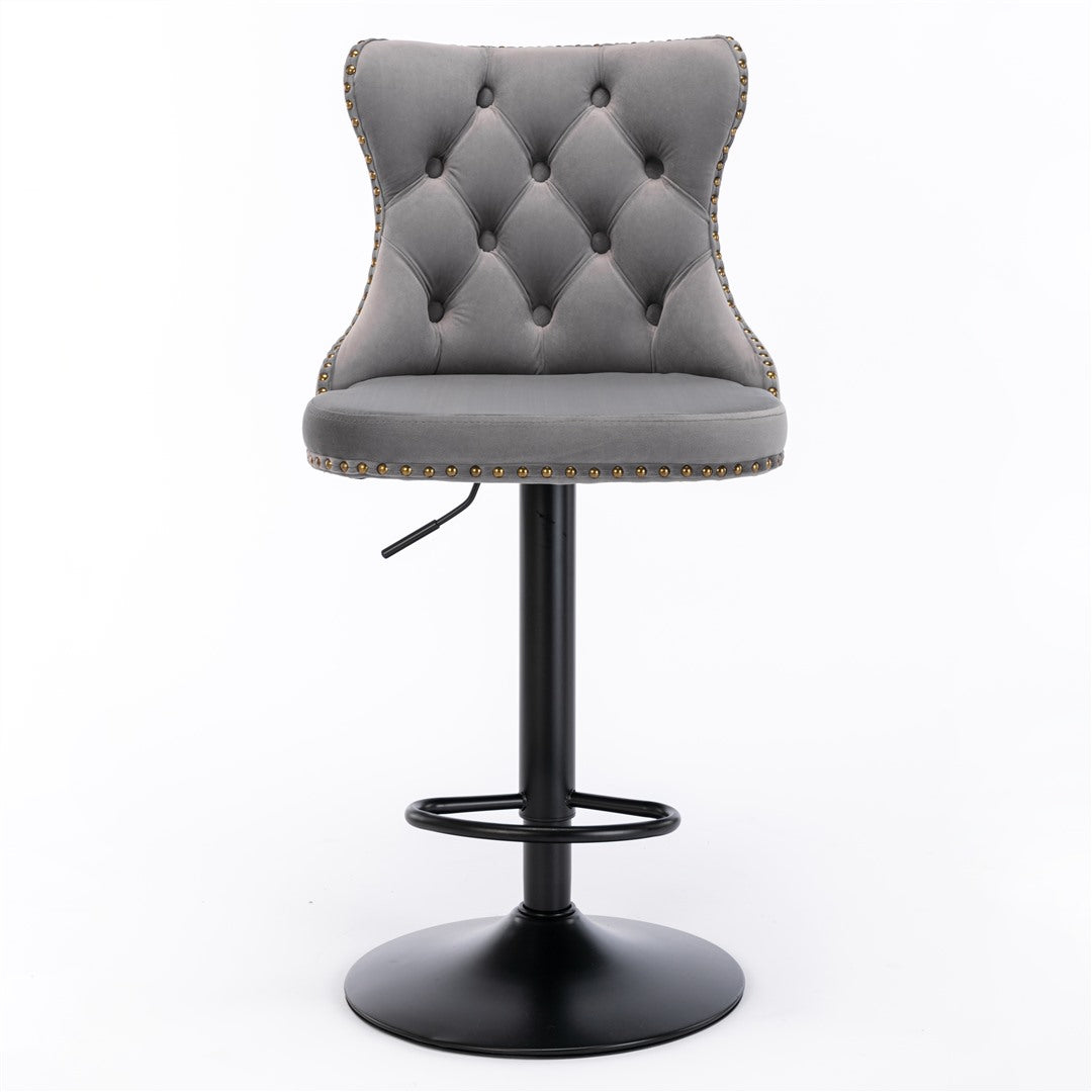 2X Height Adjustable Swivel Bar Stool Velvet Nailhead Barstool With Footrest Grey/Black