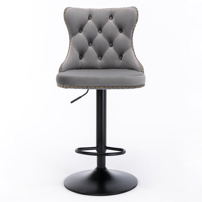 2X Height Adjustable Swivel Bar Stool Velvet Nailhead Barstool With Footrest Grey/Black
