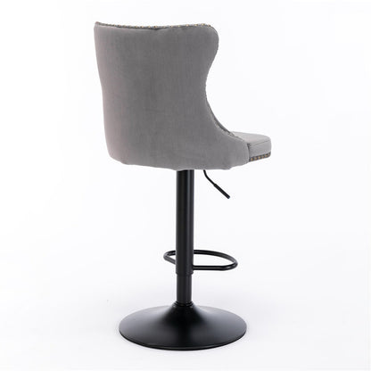 2X Height Adjustable Swivel Bar Stool Velvet Nailhead Barstool With Footrest Grey/Black