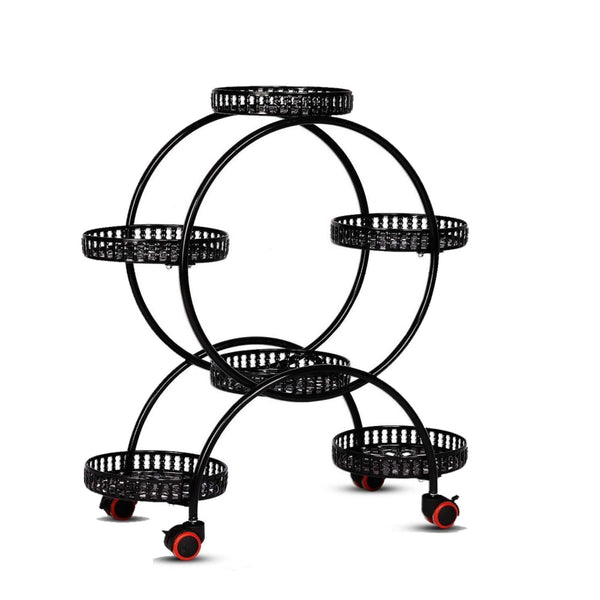  4 Layer 6 Pots Flower Holder Plant Stand Shelf With 4-Wheel (Black)