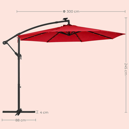 3m Patio Umbrella with Solar-Powered LED Lights Red/ Beige
