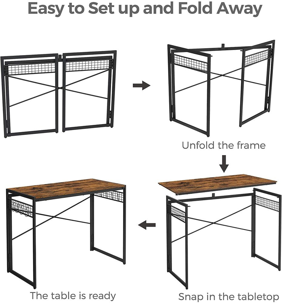 Computer Desk Folding Writing Desk with 8 Hooks Rustic Brown and Black