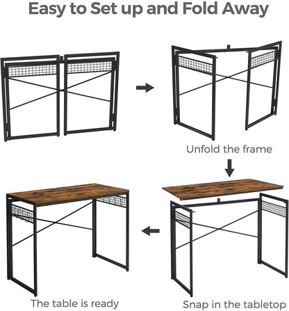 Computer Desk Folding Writing Desk with 8 Hooks Rustic Brown and Black