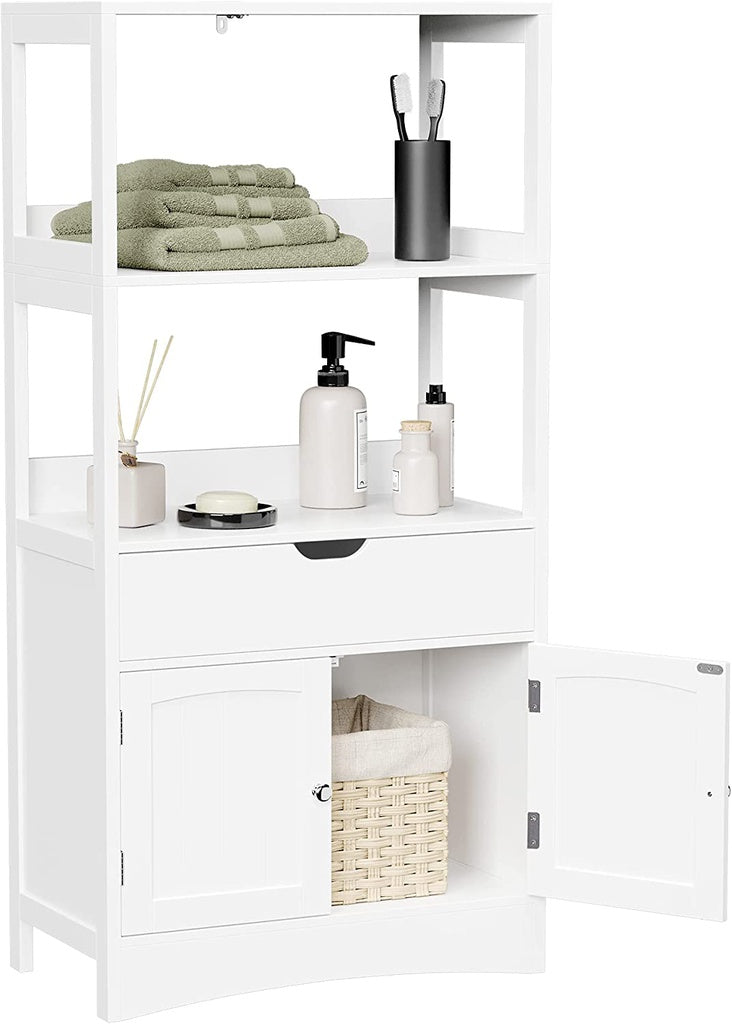 Floor Cabinet with Drawer 2 Open Shelves and Double Doors White BBC64WT