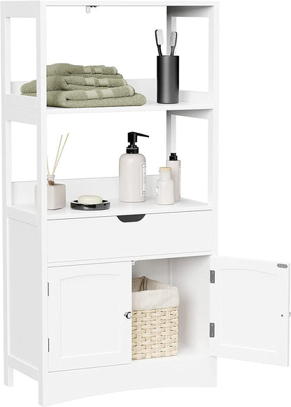 Floor Cabinet with Drawer 2 Open Shelves and Double Doors White BBC64WT
