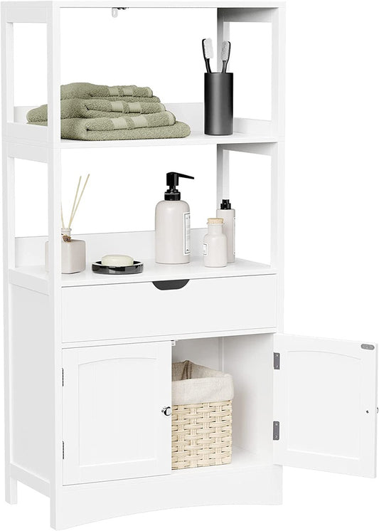 Floor Cabinet with Drawer 2 Open Shelves and Double Doors White BBC64WT