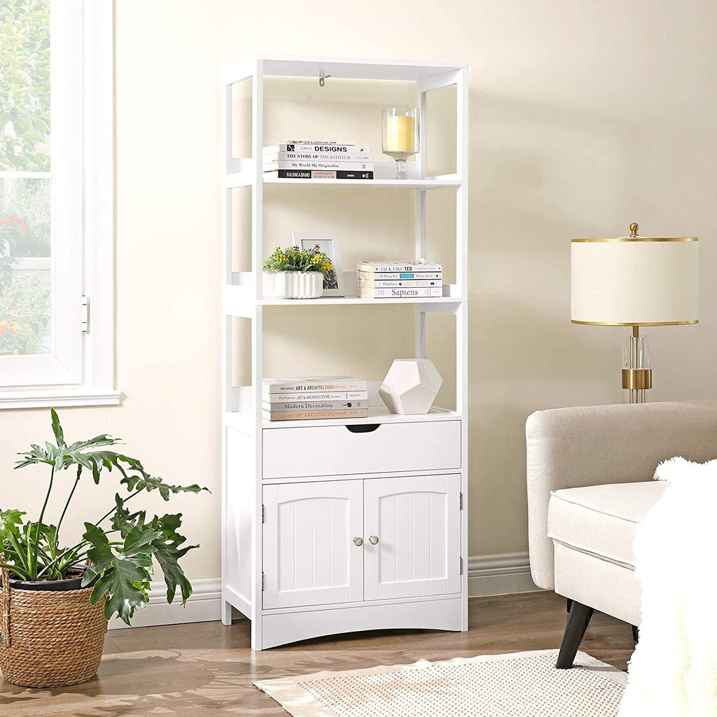 Floor Cabinet With Drawer 3 Open Shelves And Double Doors White