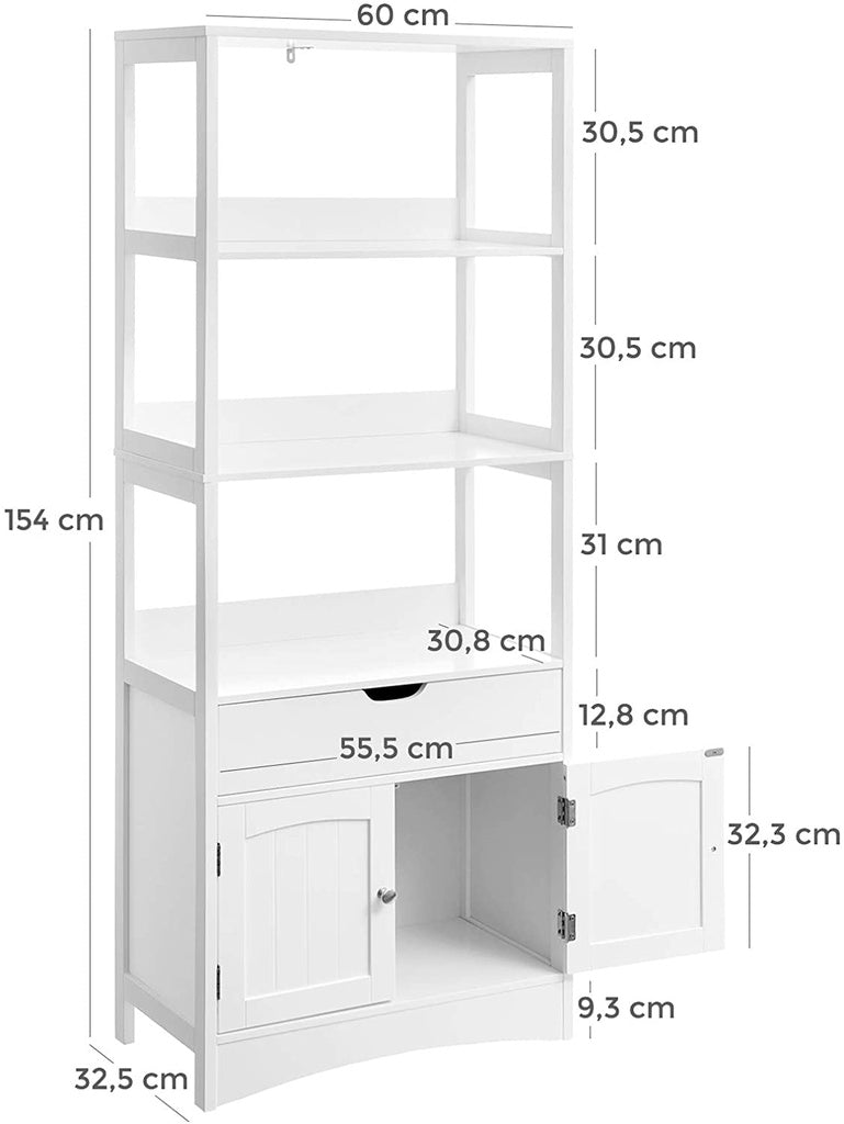 Floor Cabinet With Drawer 3 Open Shelves And Double Doors White