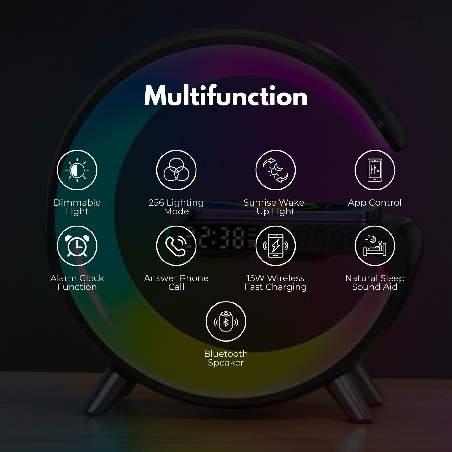 5 In 1 Bedside Table Lamp With 15W Quick Wireless Charger (Black)