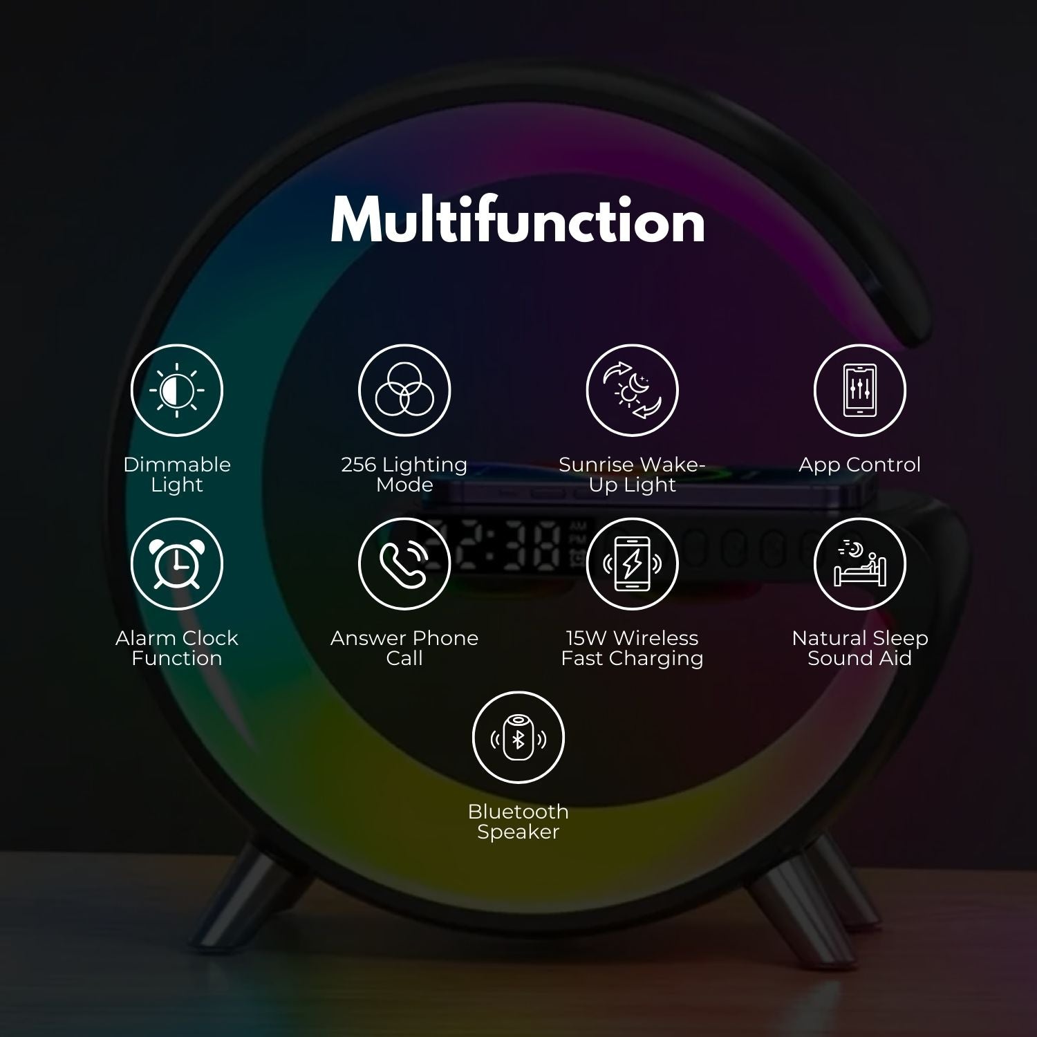 5 In 1 Bedside Table Lamp With 15W Quick Wireless Charger (Black)