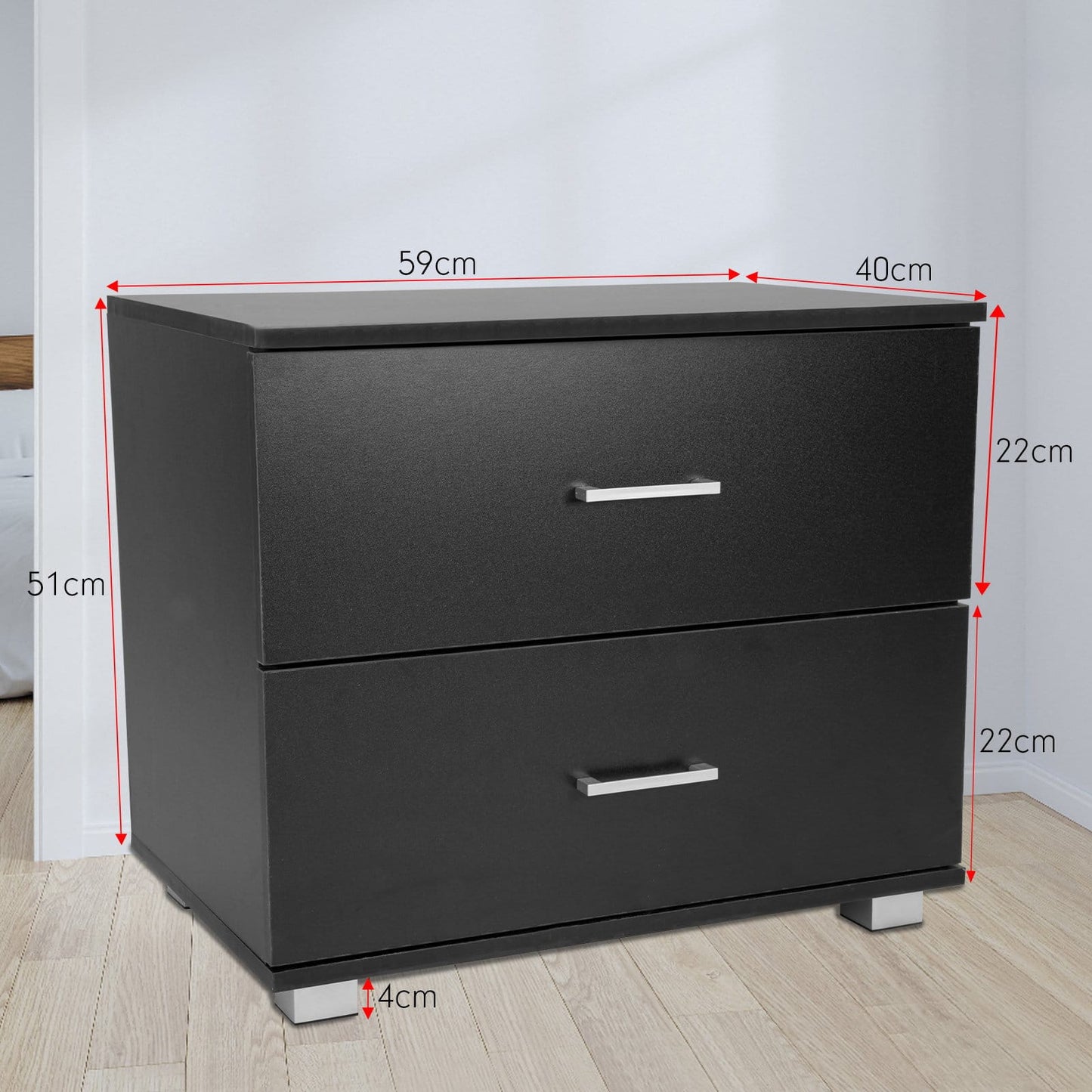 Bedside Table Black 2 Drawers