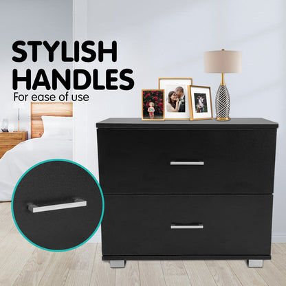 Bedside Table Black 2 Drawers