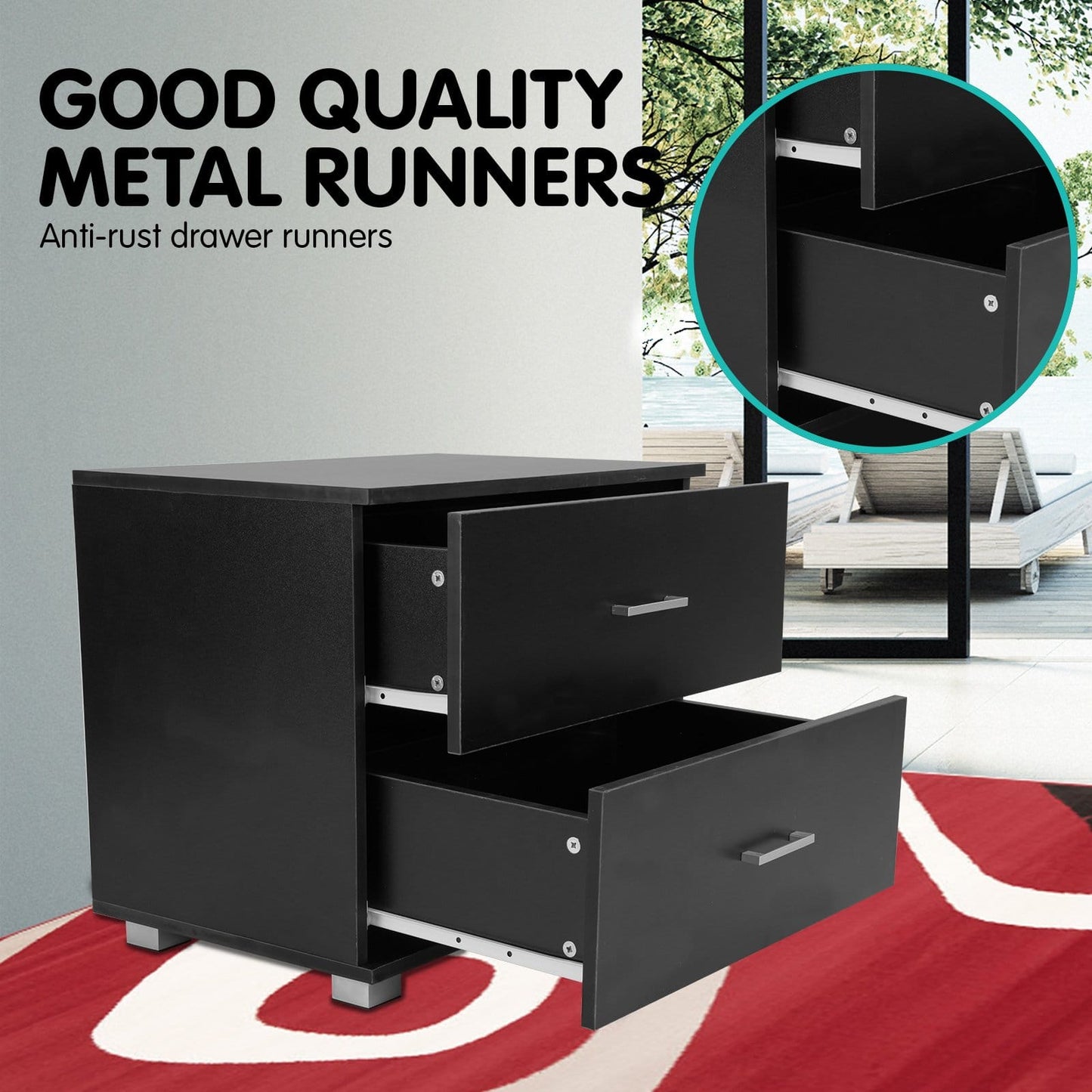 Bedside Table Black 2 Drawers