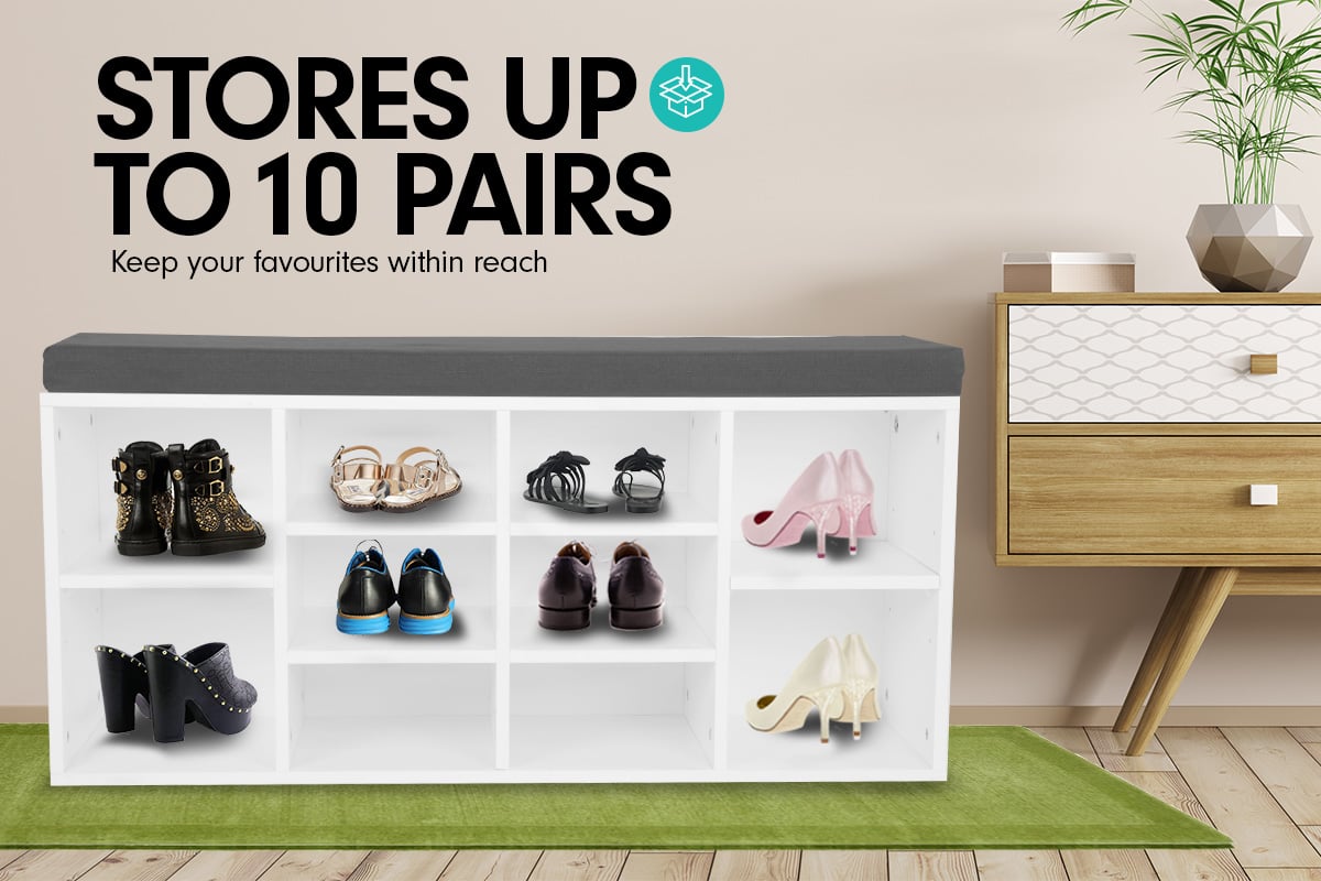 Shoe Rack Cabinet Organiser Grey Cushion Sttol Bench Ottoman - 104 X
