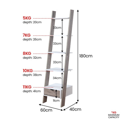 Ladder Shelf White 5 Tier 40x60x180cm