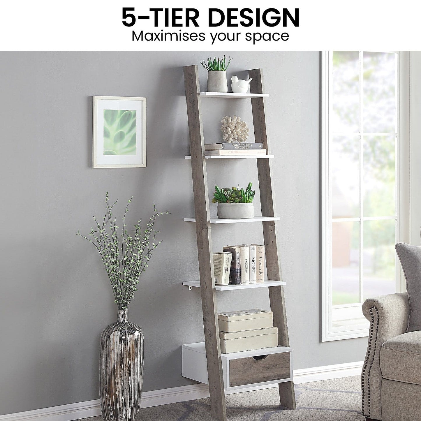 Ladder Shelf White 5 Tier 40x60x180cm