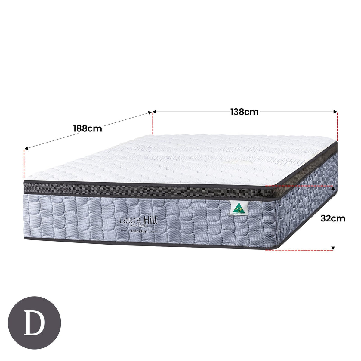 Laura Hill Essential Australian Made Double Premium mattress 138x188x32cm, in room setting