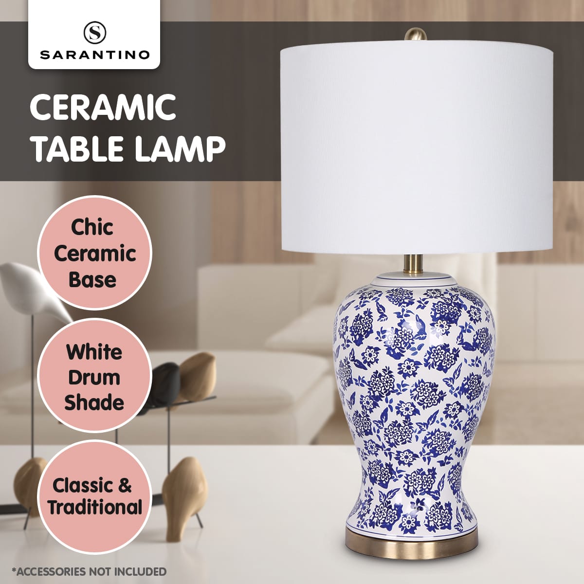 Ceramic Table Lamp White Shade 35.5x35.5x66cm
