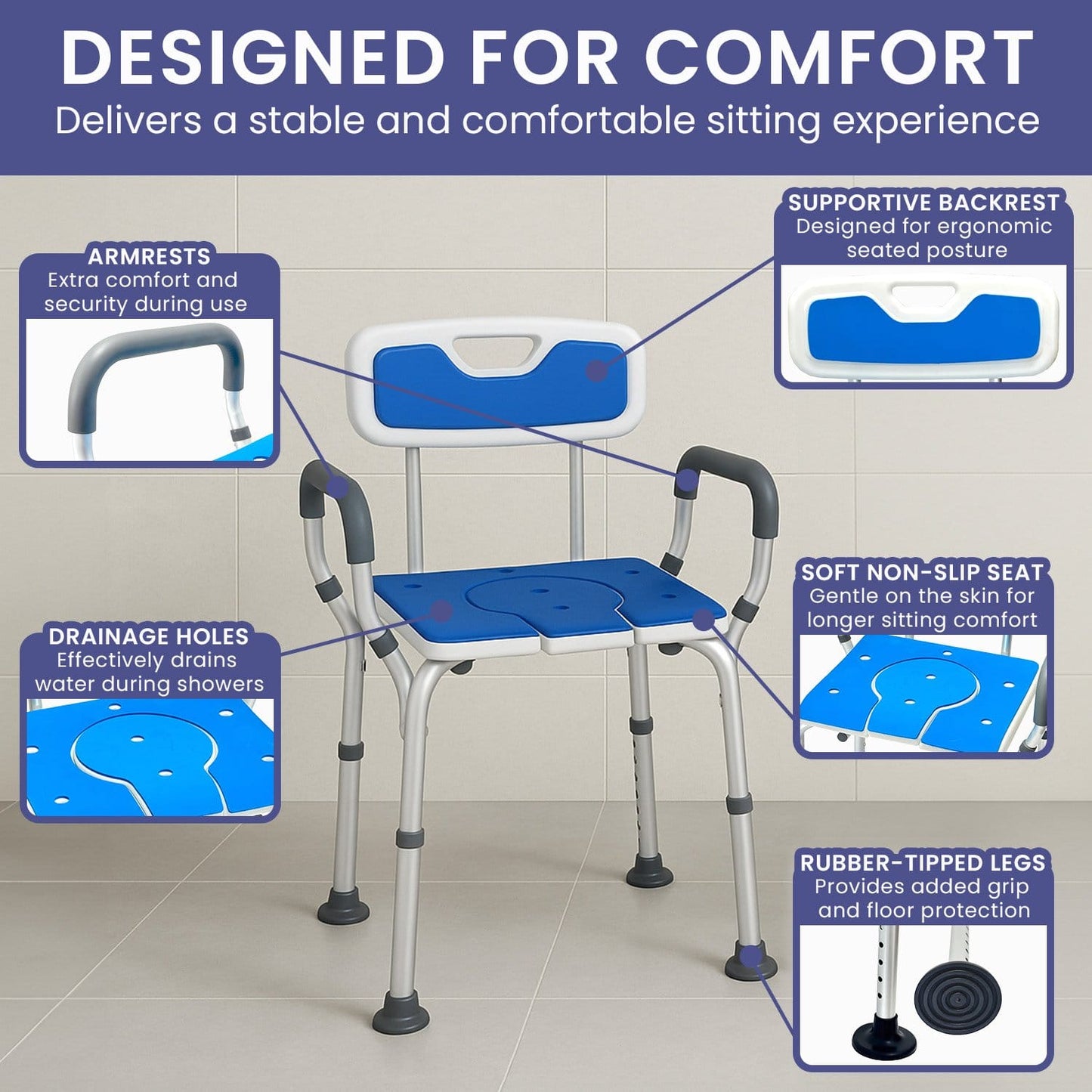 Adjustable Shower Chair With Armrests 58x40x74cm