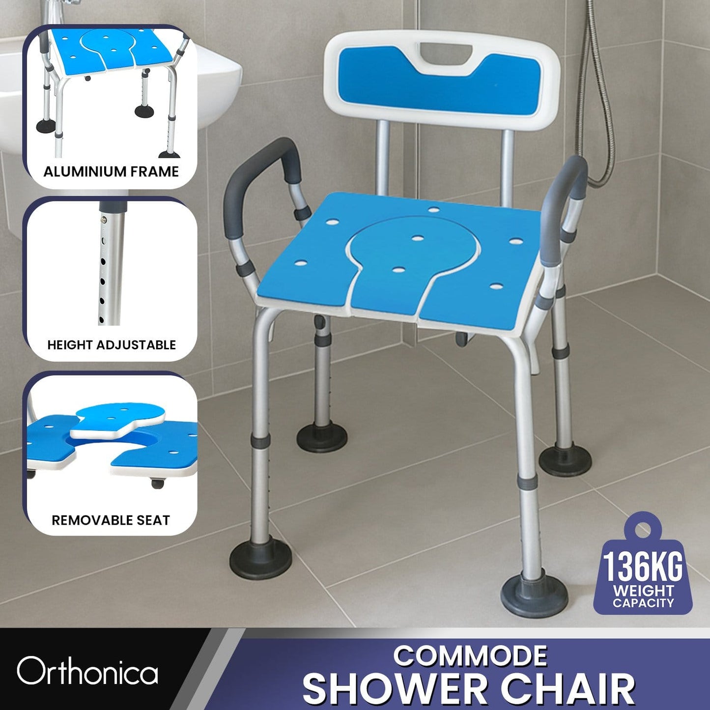 Adjustable Shower Chair With Armrests 58x40x74cm