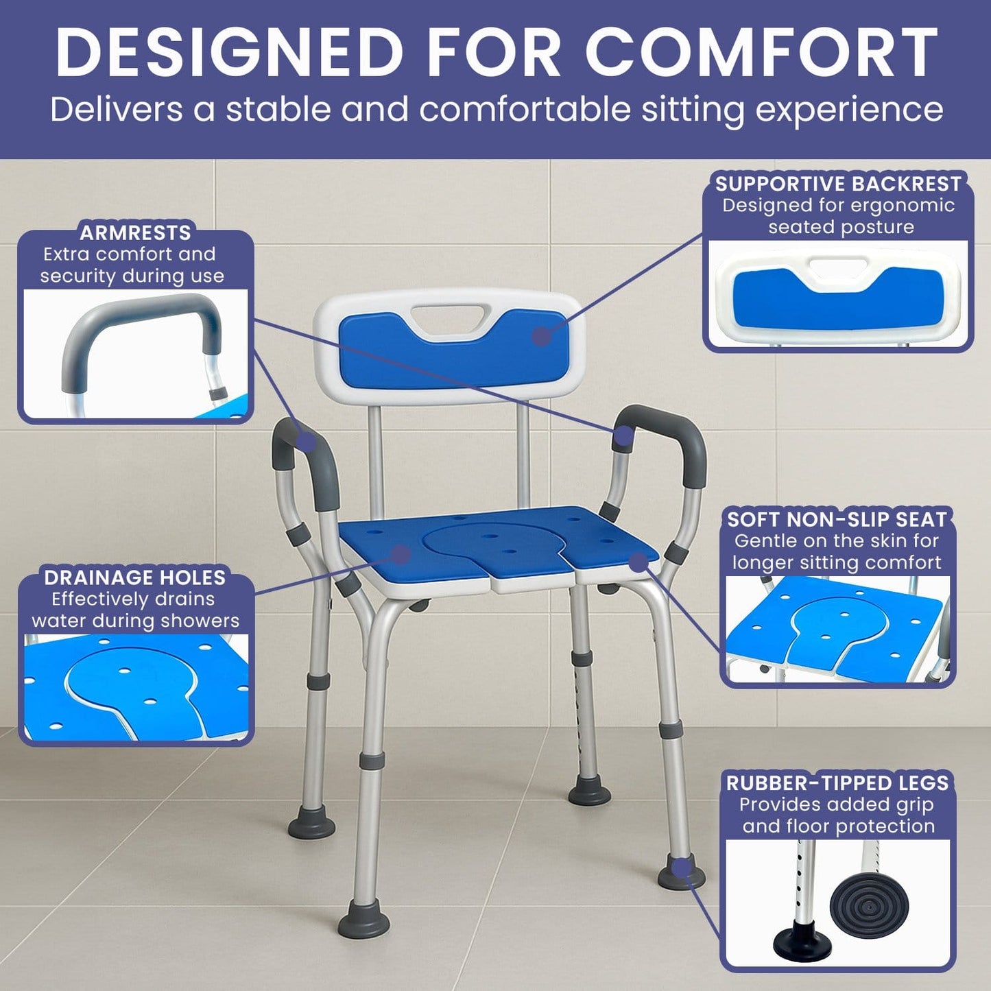 Adjustable Shower Chair With Armrests 58x40x74cm
