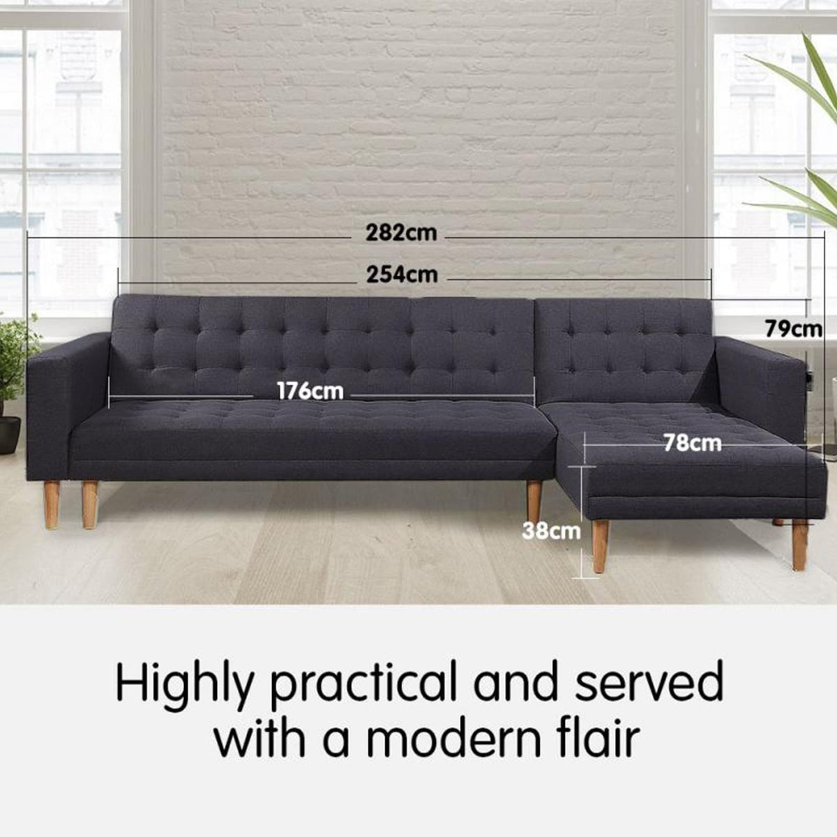 Corner Sofa Bed Dark Grey Fabric 187x95x79cm