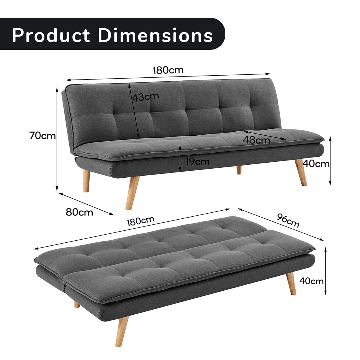 Grey Linen Sofa Bed Lounge 180x80x70cm