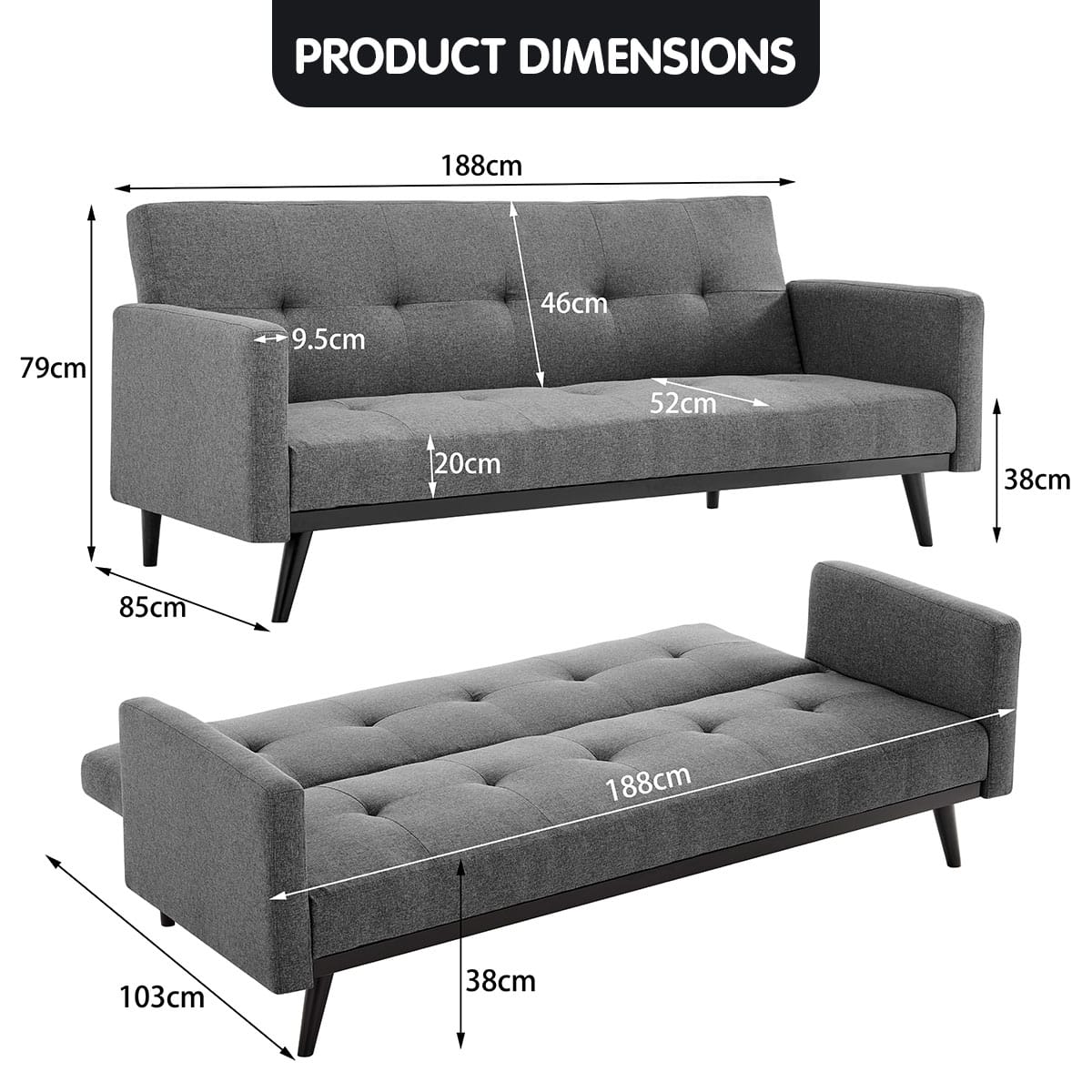 Grey 3-Seater Sofa Bed
