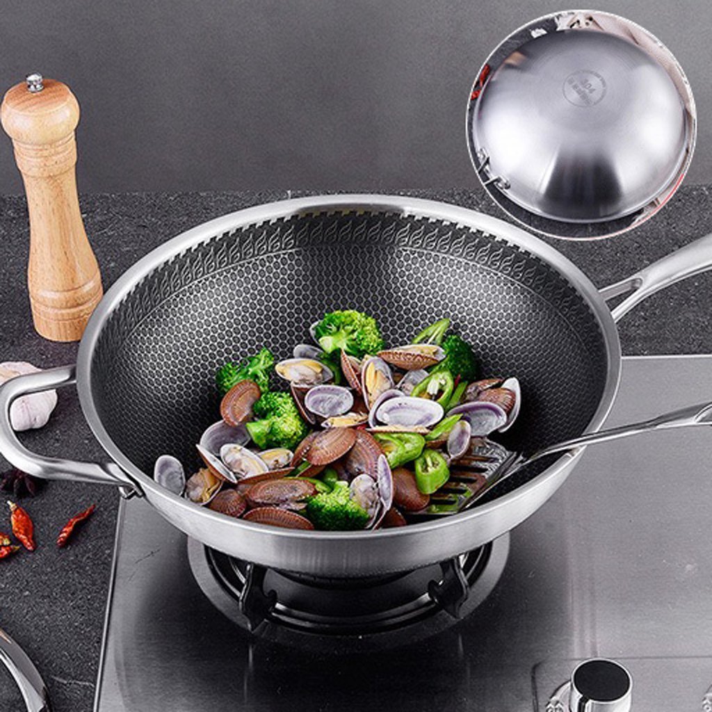 Stainless Steel 32Cm Non-Stick Stir Fry Cooking Kitchen Wok Pan With Lid