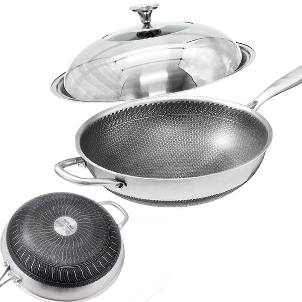  32Cm Stainless Steel Non-Stick Stir Fry Cooking Wok Pan With Lid