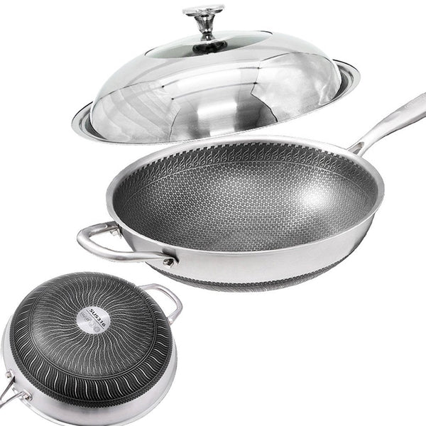  32Cm Stainless Steel Non-Stick Stir Fry Cooking Wok Pan With Lid Double Sided