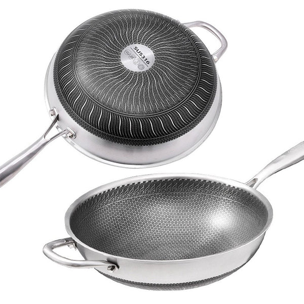  34Cm Stainless Steel Non-Stick Stir Fry Cooking Kitchen With Lid Honeycomb