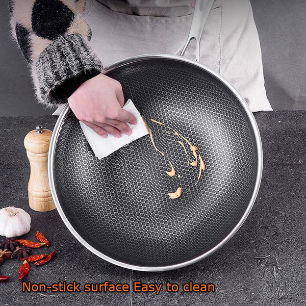  34Cm Stainless Steel Non-Stick Stir Fry Cooking Wok Pan Without Lid Honeycomb Double Sided