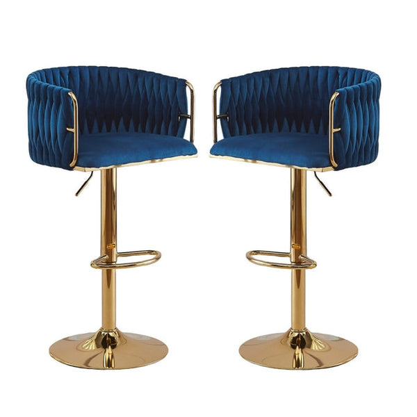  2x Height-Adjustable Ivory Velvet Swivel Bar Stools w/ Gold Base