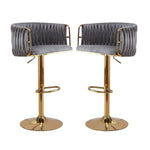 2x Height-Adjustable Ivory Velvet Swivel Bar Stools w/ Gold Base