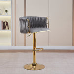 2x Height-Adjustable Ivory Velvet Swivel Bar Stools w/ Gold Base