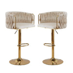 2x Height-Adjustable Ivory Velvet Swivel Bar Stools w/ Gold Base