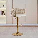 2x Height-Adjustable Ivory Velvet Swivel Bar Stools w/ Gold Base