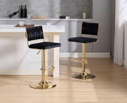   2x Velvet Bar Stools with Braided Back Elegant Kitchen High Chairs