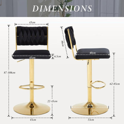   2x Velvet Bar Stools with Braided Back Elegant Kitchen High Chairs