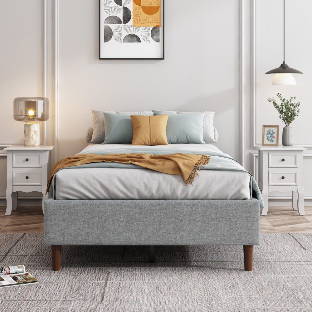 Bedframe With Wooden Slats (Light Grey) – Queen
