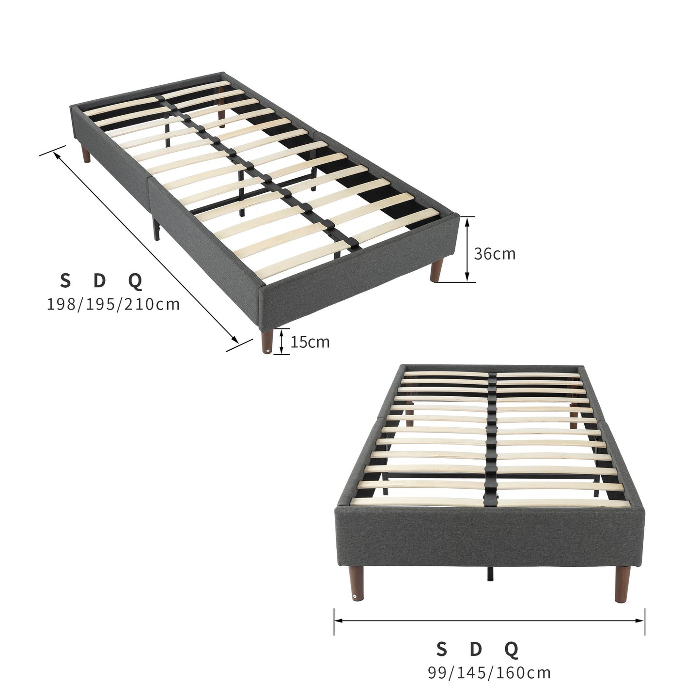 Bedframe With Wooden Slats (Light Grey) – Queen