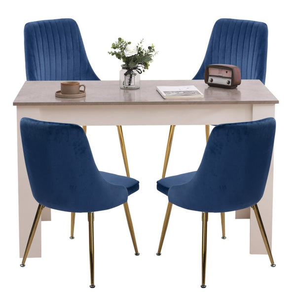  Grey Rectangular Dining Table with 4x Blue Velvet Chairs