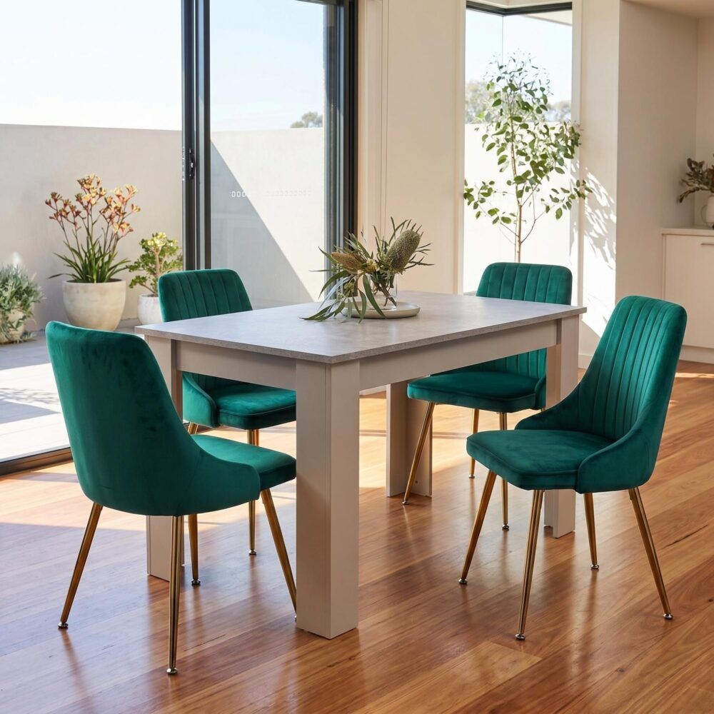 Grey Rectangular Dining Table with 4x Blue Velvet Chairs