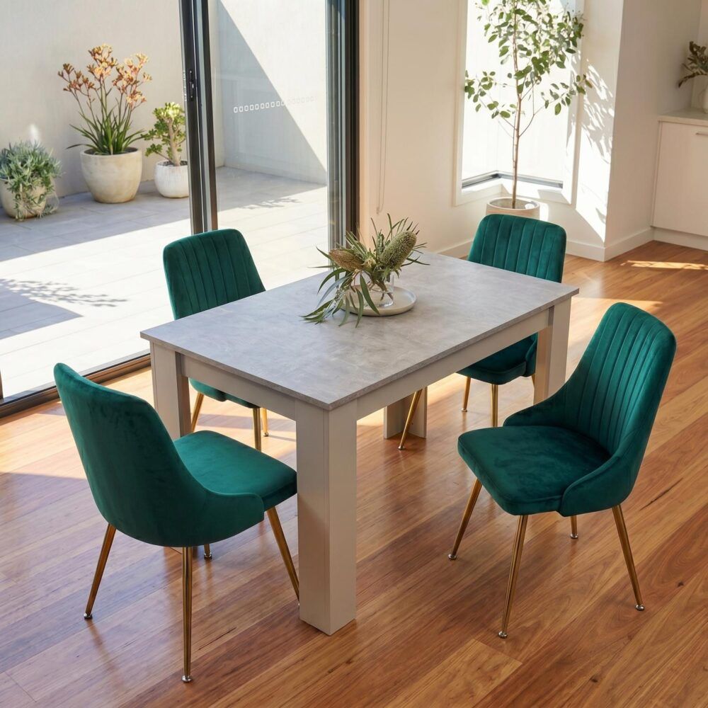 Grey Rectangular Dining Table with 4x Blue Velvet Chairs