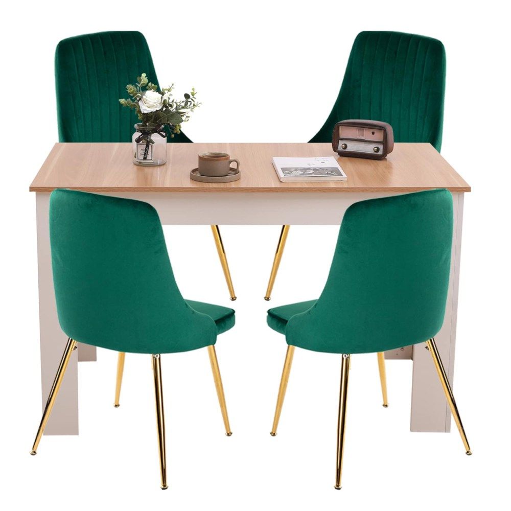 Grey Rectangular Dining Table with 4x Blue Velvet Chairs
