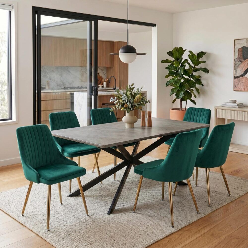 Rectangular Table and Navy Velvet Chairs Dining Set