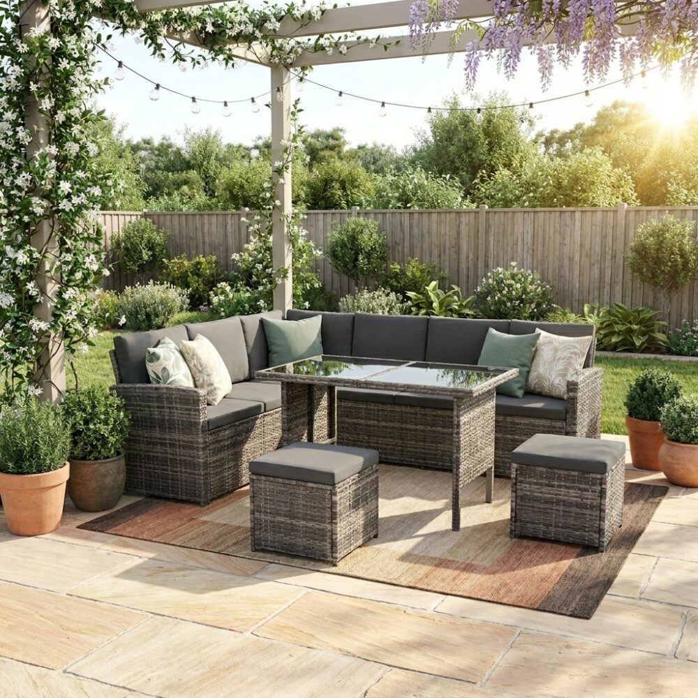 Ella 8-Seater Modular Outdoor Garden Lounge & Dining Set With Table And Stools In Dark Grey