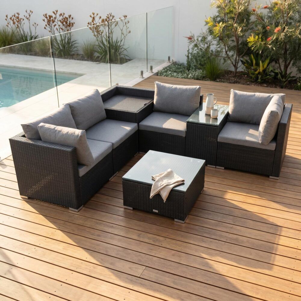 7Pc Outdoor Wicker Loveseat Setting With Storage Corner (Black)
