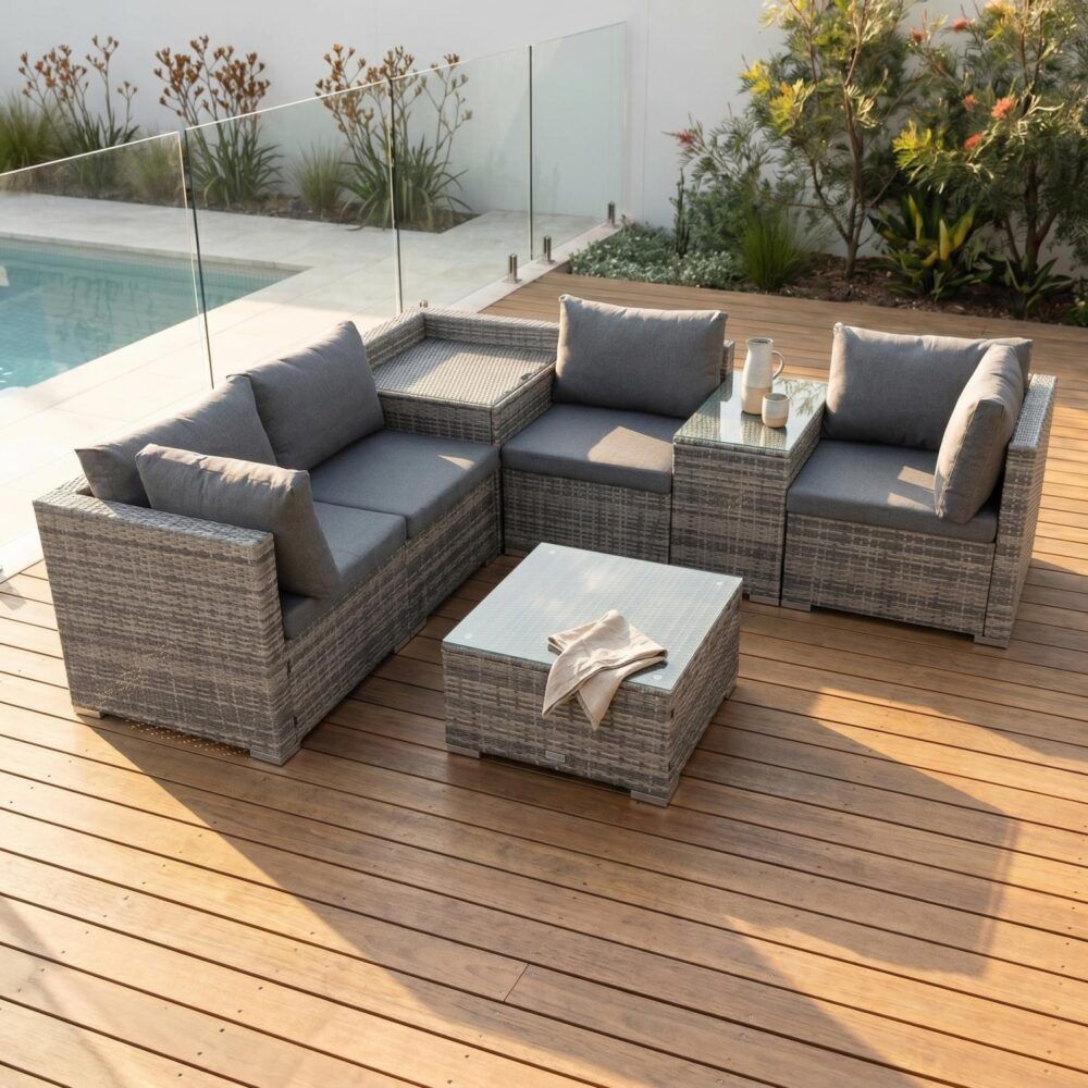 7Pc Outdoor Wicker Lounge With Storage Corner (Grey)
